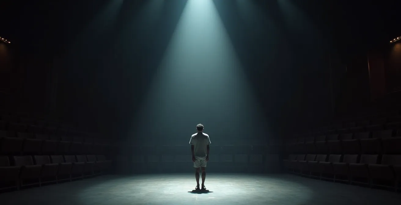 Vue d'ensemble d'une scène de théâtre épurée avec une personne seule